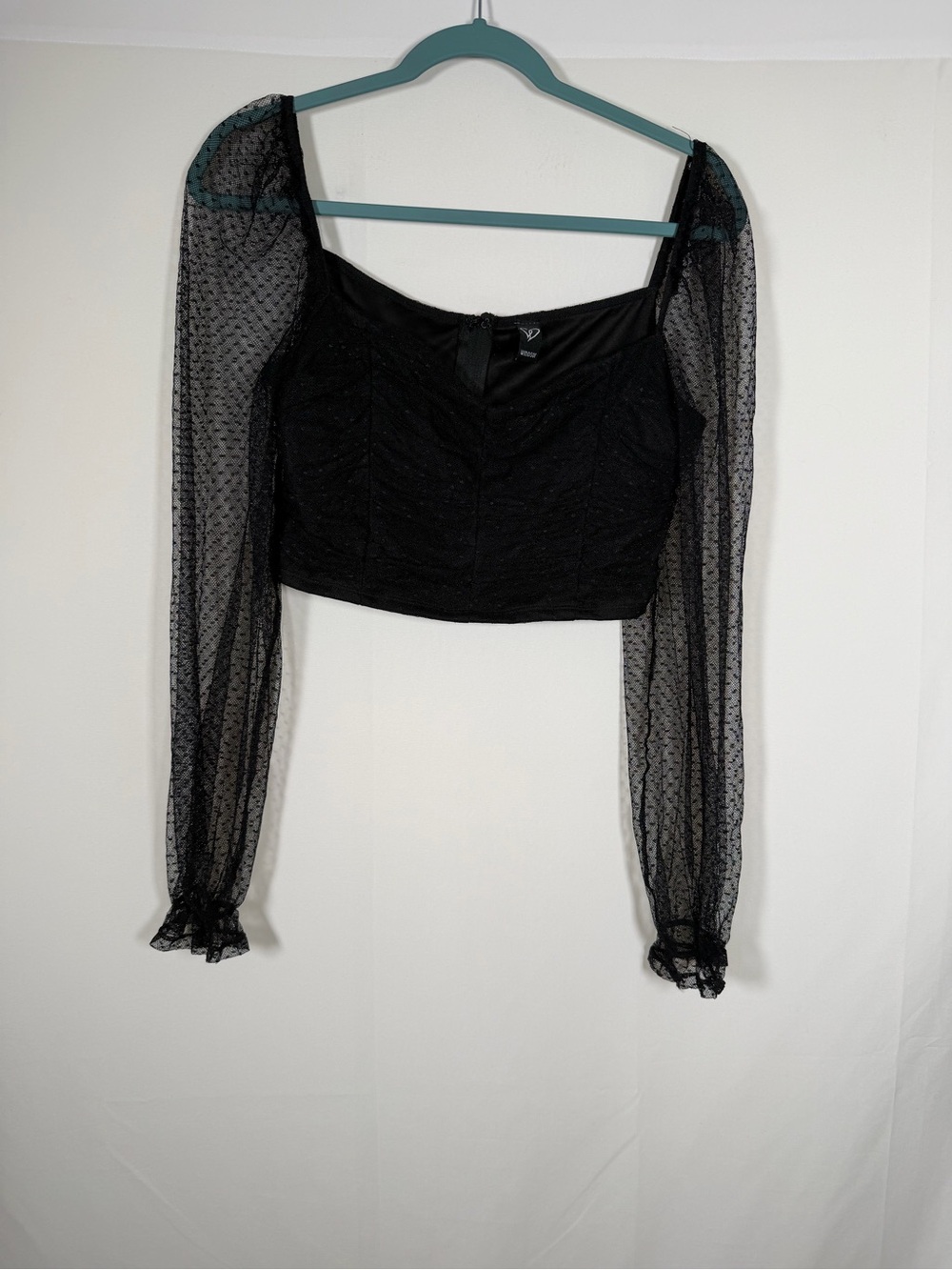 Whimsigoth Vamp Witchy Black Sheer Dot Puff Sleeve Crop Top